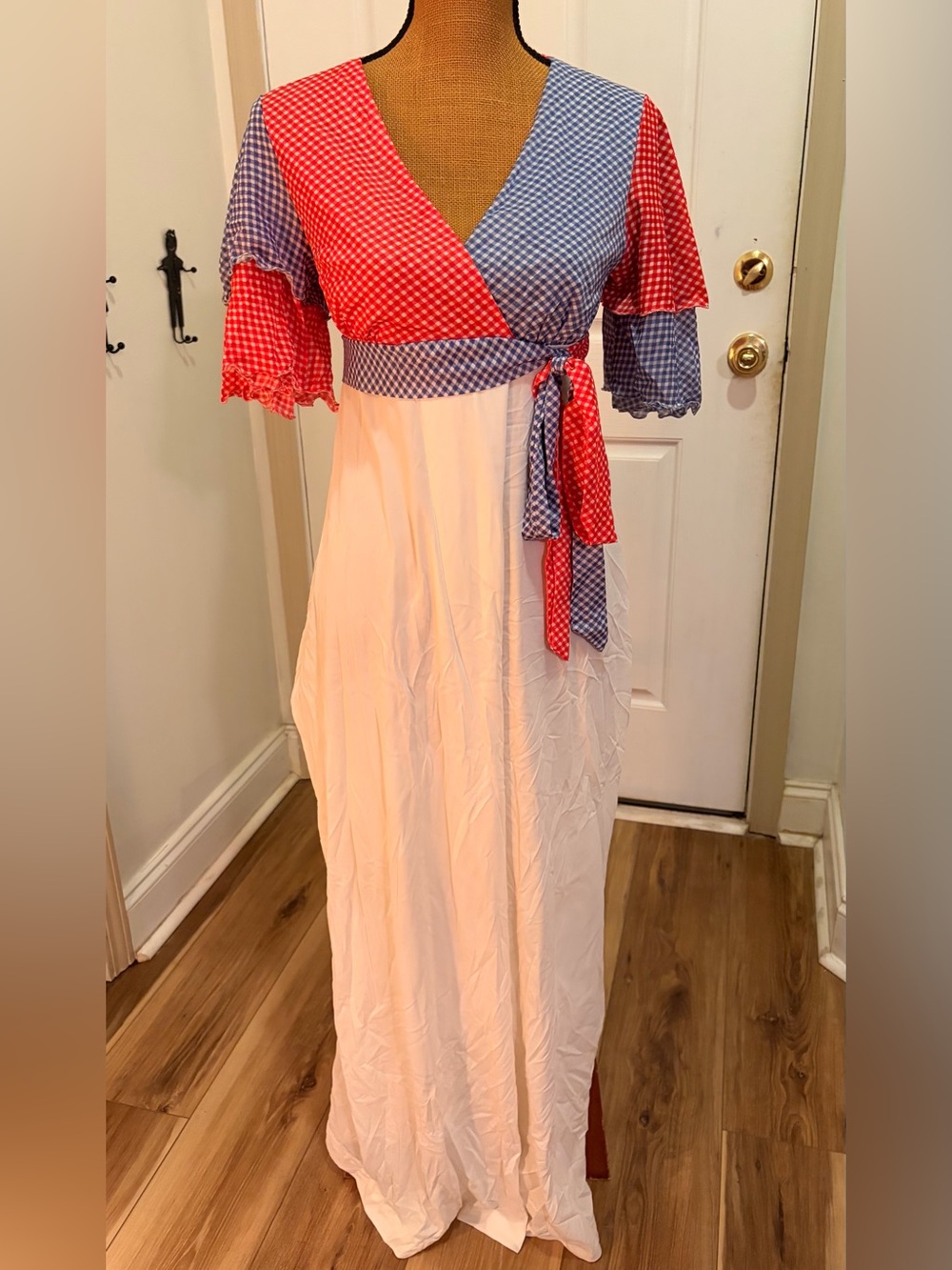 Vintage 70s Red White Blue Gingham Maxi Hostess Dress Patriotic Prairie